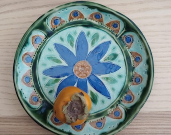 Handmade Stoneware Plate with Blue Flower