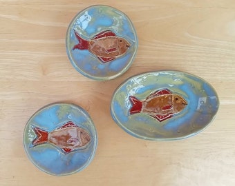 Handmade Stoneware Ring Dish: Blue Ceramic Fish Trinket Holder