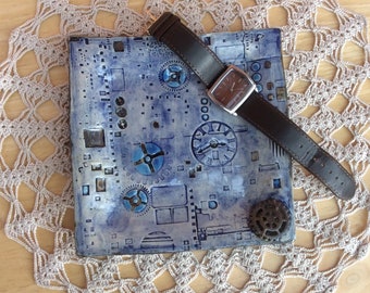 Blue square steampunk ceramic trinket dish,  Plate with circuit board impression and cogs, stoneware tray, gift for him