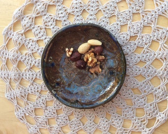 Blue brown ceramic dish with flowers, Folksy ring holder, Tapas dish, Blue trinket bowl, Handbuilt stoneware dessert dish