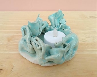Scrunched up tealight holder aqua or forest green, Ceramic votive dish, stoneware home decor