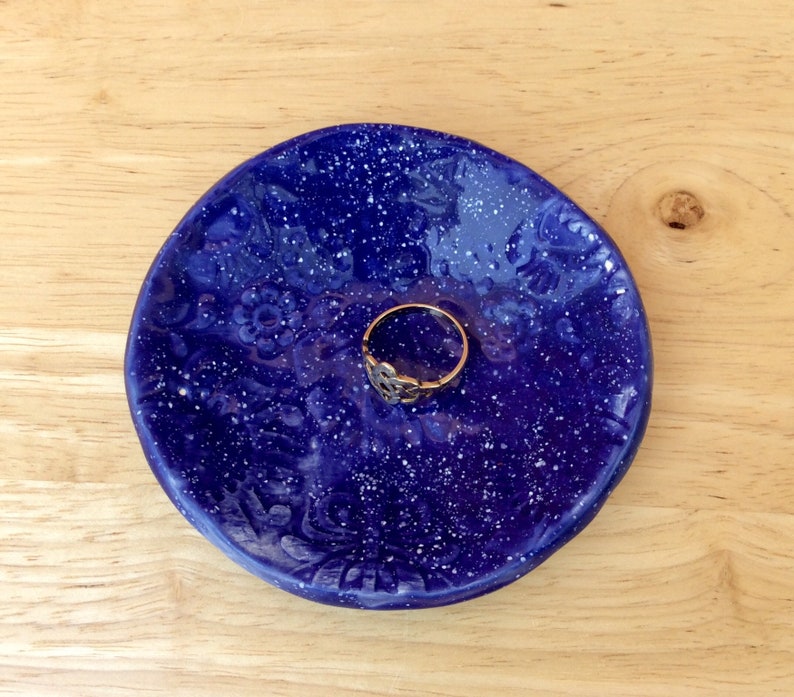 Pottery ring dish Handmade tealight holder: lavender or blue CLEARANCE Folk ceramic ring holder Trinket bowl with flowers