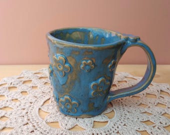 Blue espresso cup and saucer with flowers, Sake cup, shot glass, handmade pottery