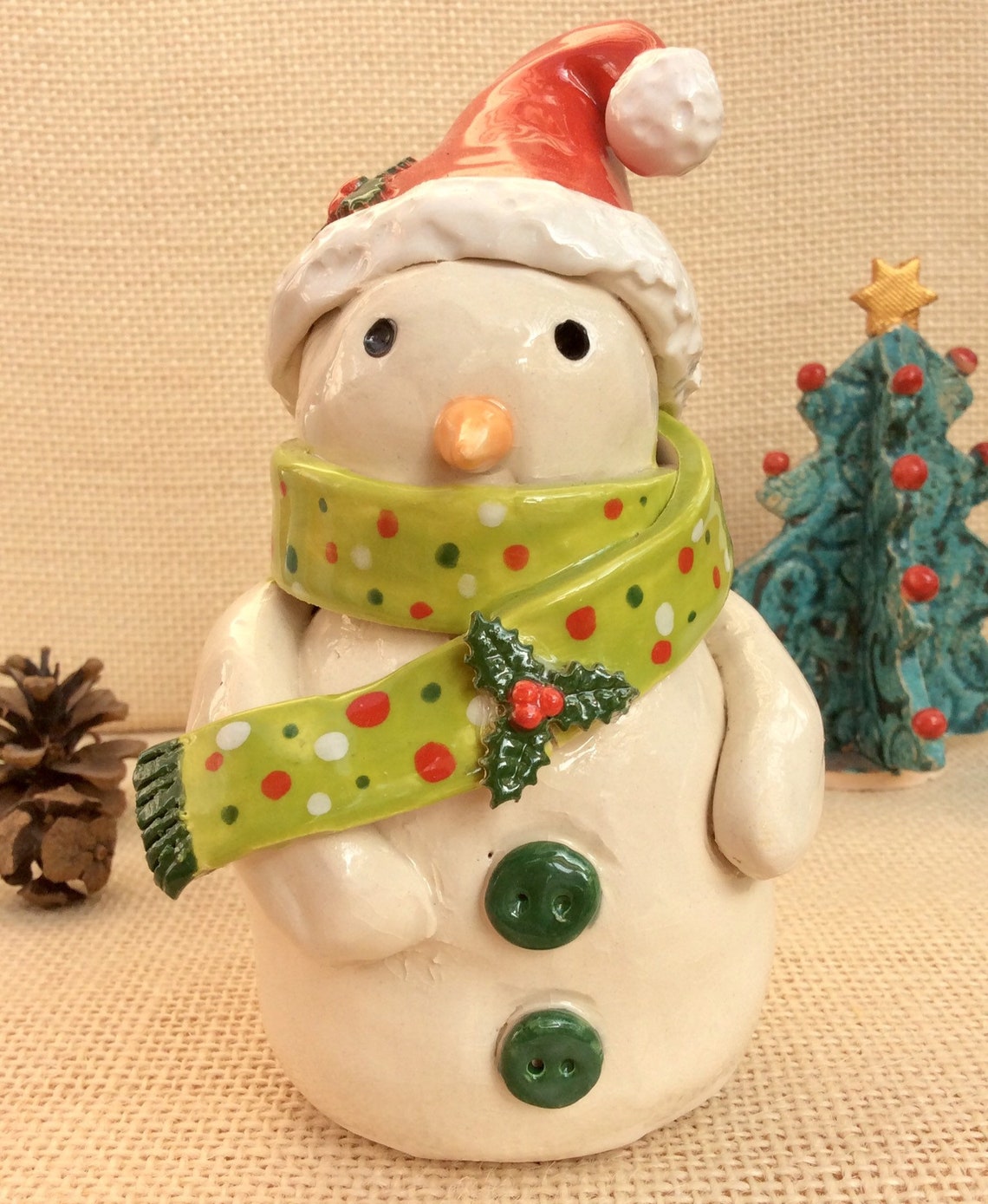 Ceramic Snowman Figurine With Red Bobble Hat Holly Green and Etsy