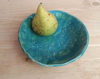 Paisley Ceramic Trinket Bowl: Red or Turquoise Handmade Stoneware Home Decor