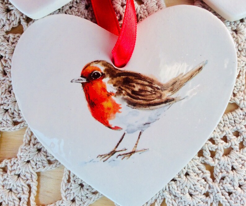 Robin ornament Heart shaped hanger with bird or flower Christmas home decor hanging ornaments image 3