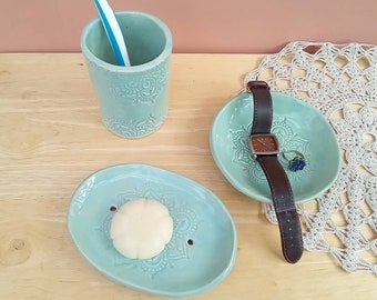 Mandala Stoneware Soap Dish and Toothbrush Pot Set: Aqua Bathroom Decor