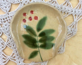 Spoon rest with Tree and heart, Rowan leaves, Green handmade stoneware spoon dish with bicycle