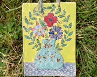 Wall Art with Blue Vase and Flowers - Floral Fantasy Stoneware Plaque