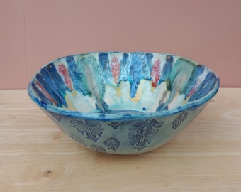 Multicoloured decorative bowl,  Studio pottery, Stoneware rainbow bowl, Pottery centre piece