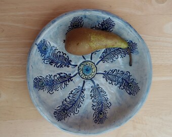 Peacock feather platter, Blue feathers tray, Pottery tray, Handmade Stoneware dish, Centre piece, Home decor