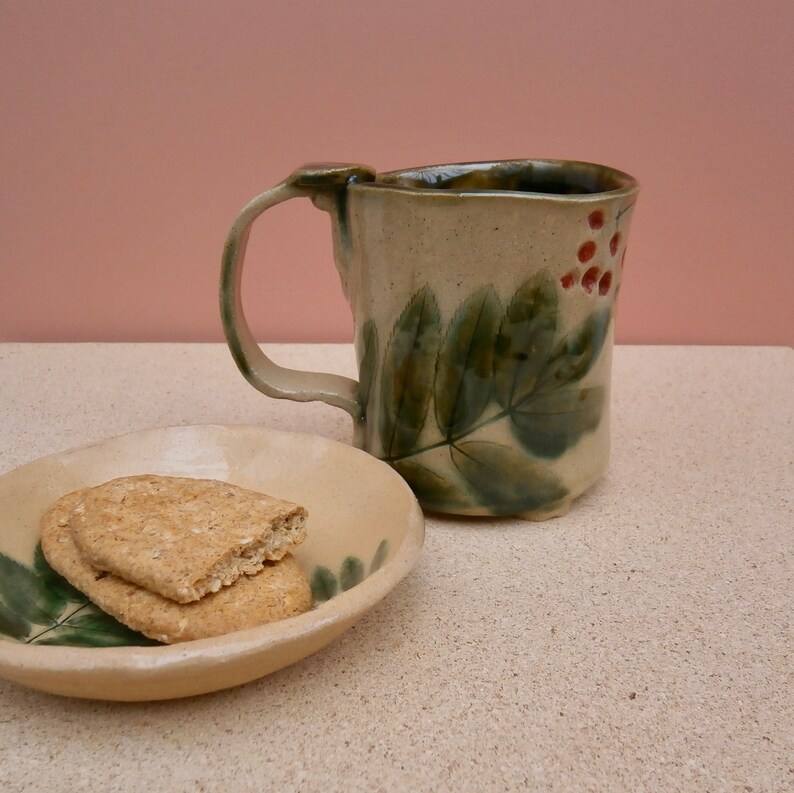 Rowan ring dish Ceramic ring holder Trinket bowl with rowan leaves Handmade stoneware tealight holder small ceramic dish image 7