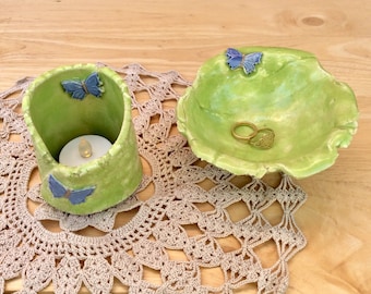 Green ring holder and tea light holder with purple butterflies, Ceramic trinket dish, pottery ring disn, Handmade stoneware candy bowl