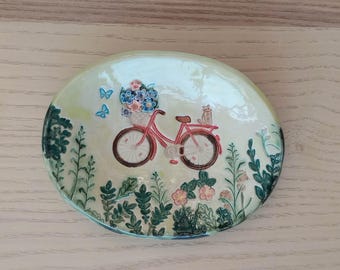 Handmade Stoneware Trinket Dish with Bike, Cat & Flowers