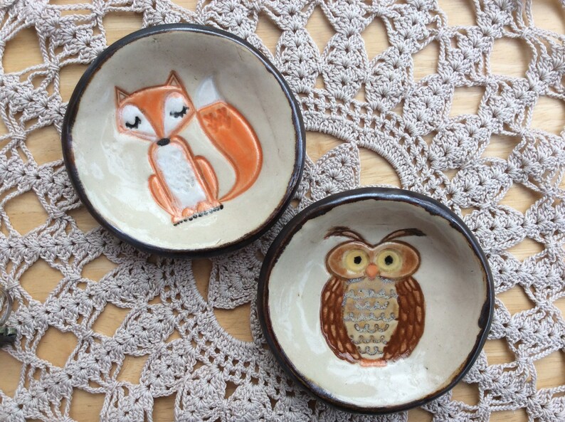 Ring dish with owl or fox, Badger or cat handmade stoneware trinket holder, ring holder image 8