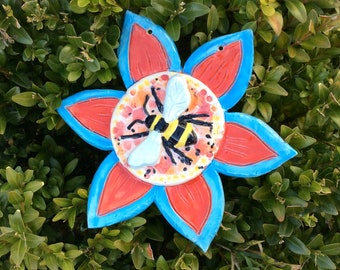 Bee and flower wall art, Red, blue, yellow ceramic plaque, Pottery decor, Home decoration