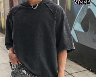 Washed Hooded Shirt | Retro Short Sleeve Top | Daily Wear | Y2K Streetwear Style