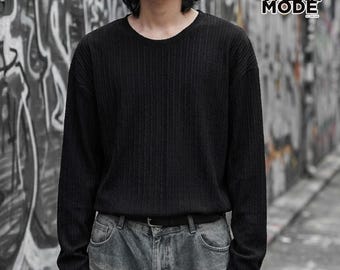 Camiseta de manga larga texturizada / Camiseta de cuello redondo de corte holgado / Para uso diario / Estilo minimalista coreano