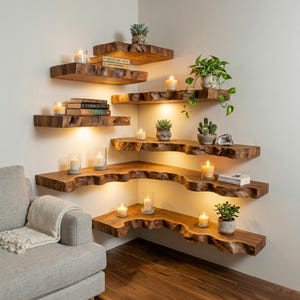 Wavy floating corner shelf unique live edge shelves on wall handmade custom solid wood wall mounted bookshelf