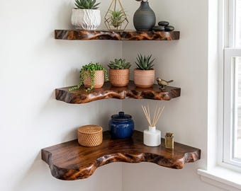 Solid wood corner floating shelf unique wavy live edge shelves on wall art handmade walnut wall mount bookshef