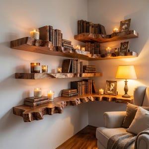 Könnte beinhalten: Eckregale aus Holz mit einem naturbelassenen Design, gefüllt mit antiken Büchern und brennenden Kerzen. Die Regale haben eine warme braune Farbe und schaffen eine gemütliche Leseecke. Eine Lampe und ein Sessel vervollständigen den einladenden Raum.