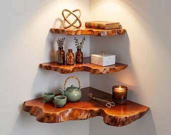Live edge floating corner shelf unique rustic wavy solid wood shelves on wall art decor home