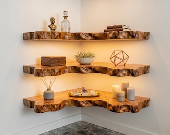 Estante flotante ondulado, estantes de esquina únicos con borde natural en la pared, estantería de pared de madera maciza hecha a mano, decoración artística