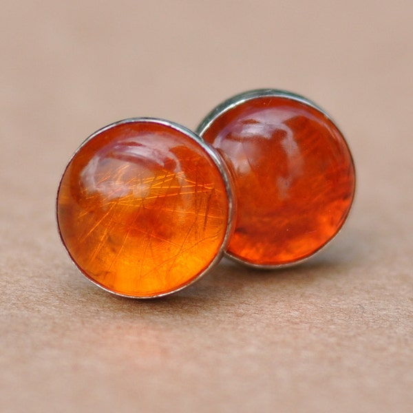 Amber stud Earrings, handmade with genuine sterling silver and 8mm smooth round natural gemstones.