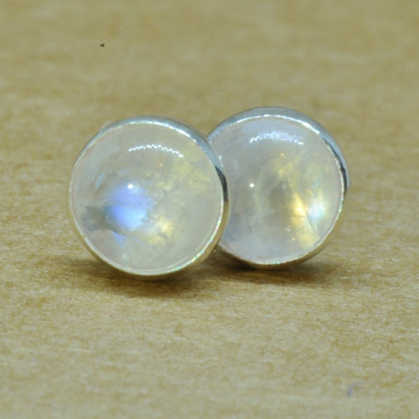 Rainbow Moonstone Earrings studs in Sterling silver , Lovely 5 mm September birthstone jewelry gift.