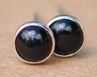 Black Onyx stud earrings handmade with Sterling Silver and 5mm artisan black gemstones.