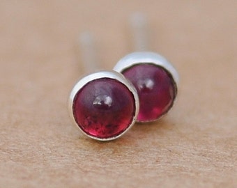 Genuine Garnet stud Earrings handcrafted with authentic Sterling Silver and 3mm January birthstone cabochon gemstone.