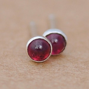 Genuine Garnet stud Earrings handcrafted with authentic Sterling Silver and 3mm January birthstone cabochon gemstone.