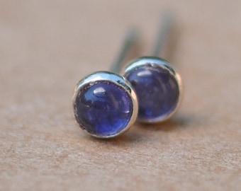 Iolite Earring studs handmade with Sterling Silver and 3mm natural blue cabochon gemstones.