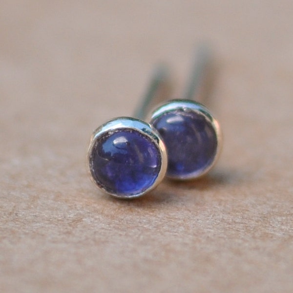 Iolite Earring studs handmade with Sterling Silver and 3mm natural blue cabochon gemstones.