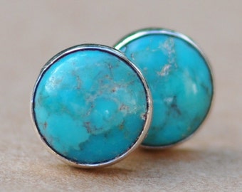 Turquoise Stud Earrings handmade with Sterling Silver settings, 8mm gemstone and silver earrings, turquoise jewelry, december, birthstone