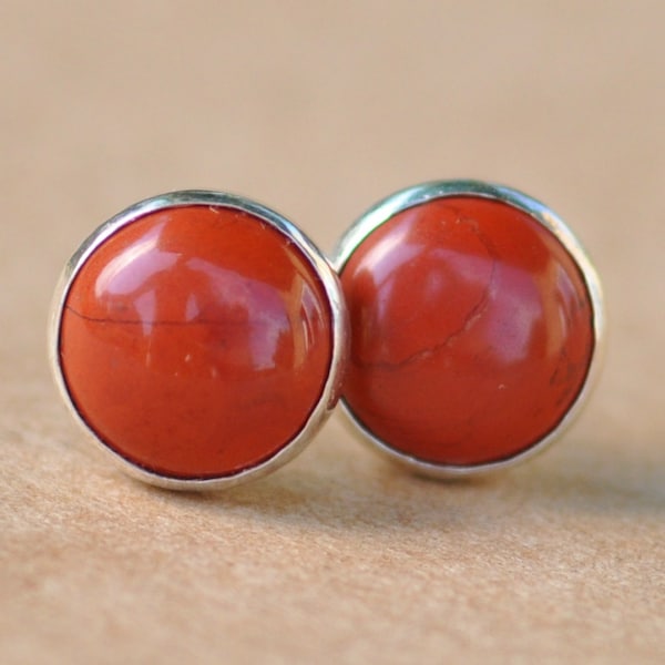 Red Jasper earrings,  Sterling Silver Jasper jewelry studs 8mm in diameter, handmade in the UK.