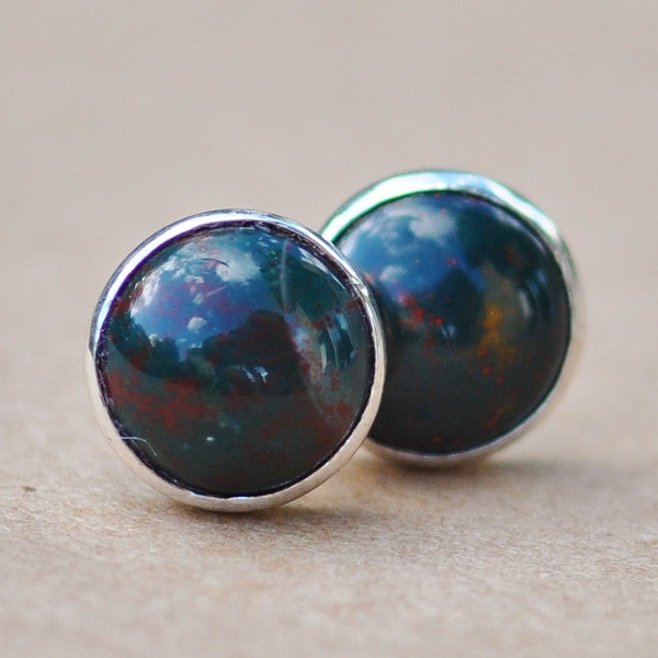 Bloodstone earrings, Bloodstone sterling silver jewelry, 6mm March birthstone studs