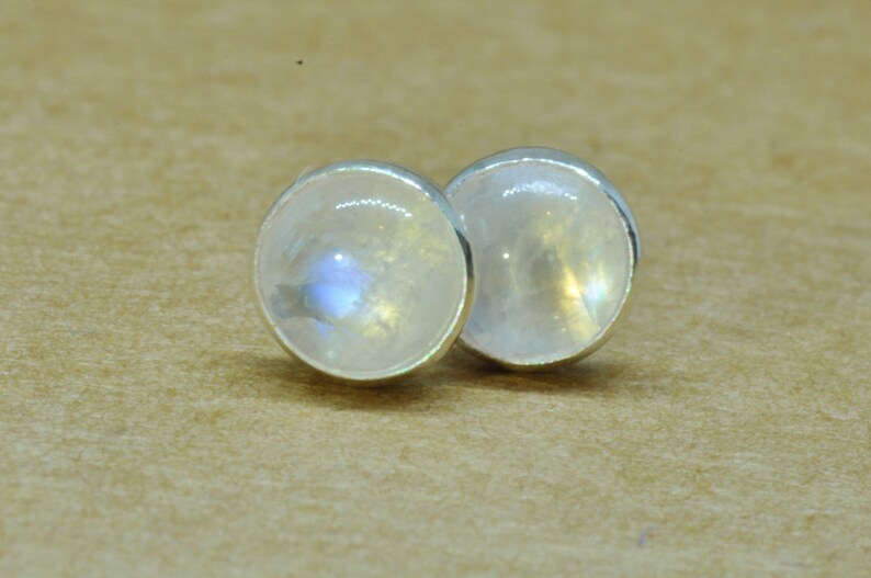 Rainbow Moonstone Earrings studs in Sterling silver , Lovely 5 mm September birthstone jewelry gift. 