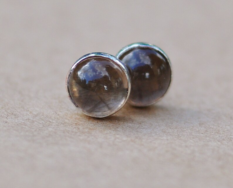 Quartz Earrings, Smokey Quartz stud Earrings, 6mm sterling silver artisan jewellery handmade in the UK. 