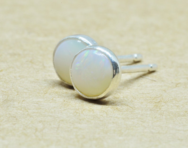 Genuine Opal Earrings, White Opal sterling silver artisan jewelry studs. 5mm handmade in the UK. image 3