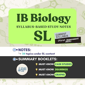 Peut inclure: Notes d'étude pour IB Biology SL, avec une bannière vert clair affichant "IB Biology" et "Notes d'étude basées sur le programme." Comprend des informations sur le "Programme actuel" et une liste de sujets et de livrets de résumé.