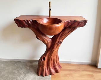 Live edge bathroom vanity sink handmade sculpture reclaimed solid wood vessel sink countertop furniture