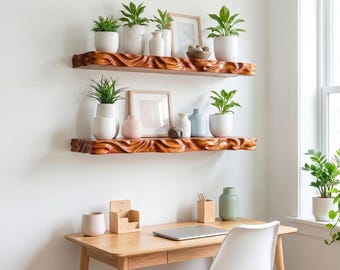 Estante flotante de madera maciza con borde natural, estantes de pared rústicos, decoración única para el hogar.