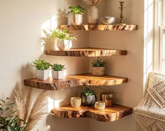 Live edge floating corner shelf solid wood driftwood wall shelf handcrafted rustic decor