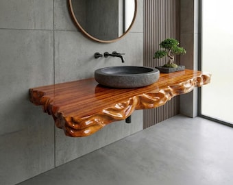 Estante flotante para lavabo de madera maciza, decoración única para tocador de baño, muebles rústicos con borde natural.