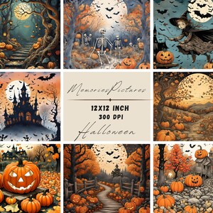Halloween Landscape Digital Printable, Pumpkins, Fall  Scrapbook Paper, Junk Journal Supplies, Halloween Ephemera, Digital Download 12x12 in