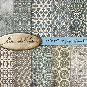 Vintage Teal Digital Paper Pack, 10 Ornate Damask Patterns, French Country Grunge, Antique Blue Beige Printable, Junk Journal Scrapbook