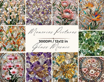 Stained Glass Flowers Digital Paper: Exotic Plants Scrapbook (Digital Download)