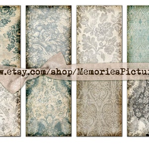 May include: Set of six digital paper backgrounds featuring vintage floral patterns in shades of blue, gray, and beige. The patterns have a distressed, aged look.