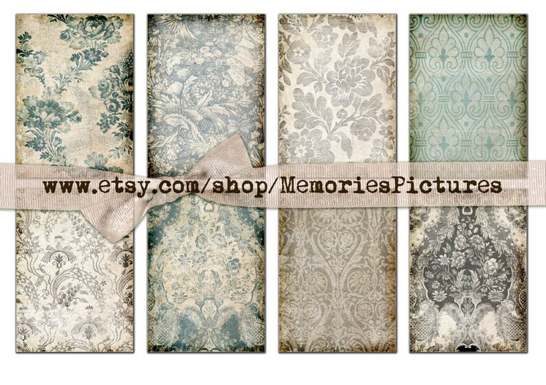 May include: Set of six digital paper backgrounds featuring vintage floral patterns in shades of blue, gray, and beige. The patterns have a distressed, aged look.